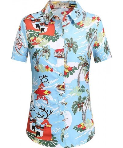 Womens Button Down Shirts Santa Claus Short Sleeve Blouse Hawaiian Christmas Shirts for Women Blue $26.52 Blouses