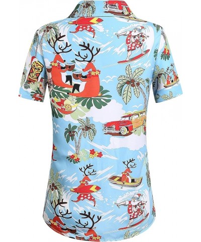 Womens Button Down Shirts Santa Claus Short Sleeve Blouse Hawaiian Christmas Shirts for Women Blue $26.52 Blouses