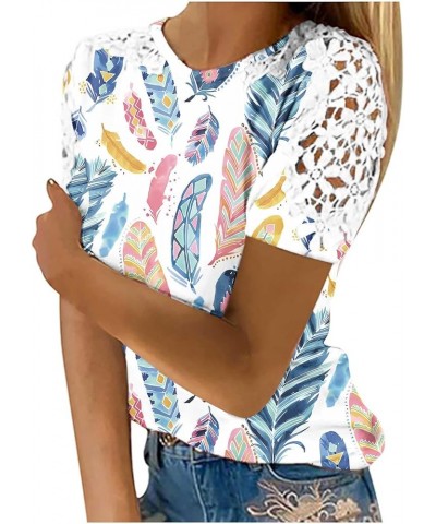 2023 Womens Summer Tops Plus Size Crewneck Floral Tshirts Trendy Lace Short Sleeve Basic Tees Dressy Casual Blouses F Blue $7...