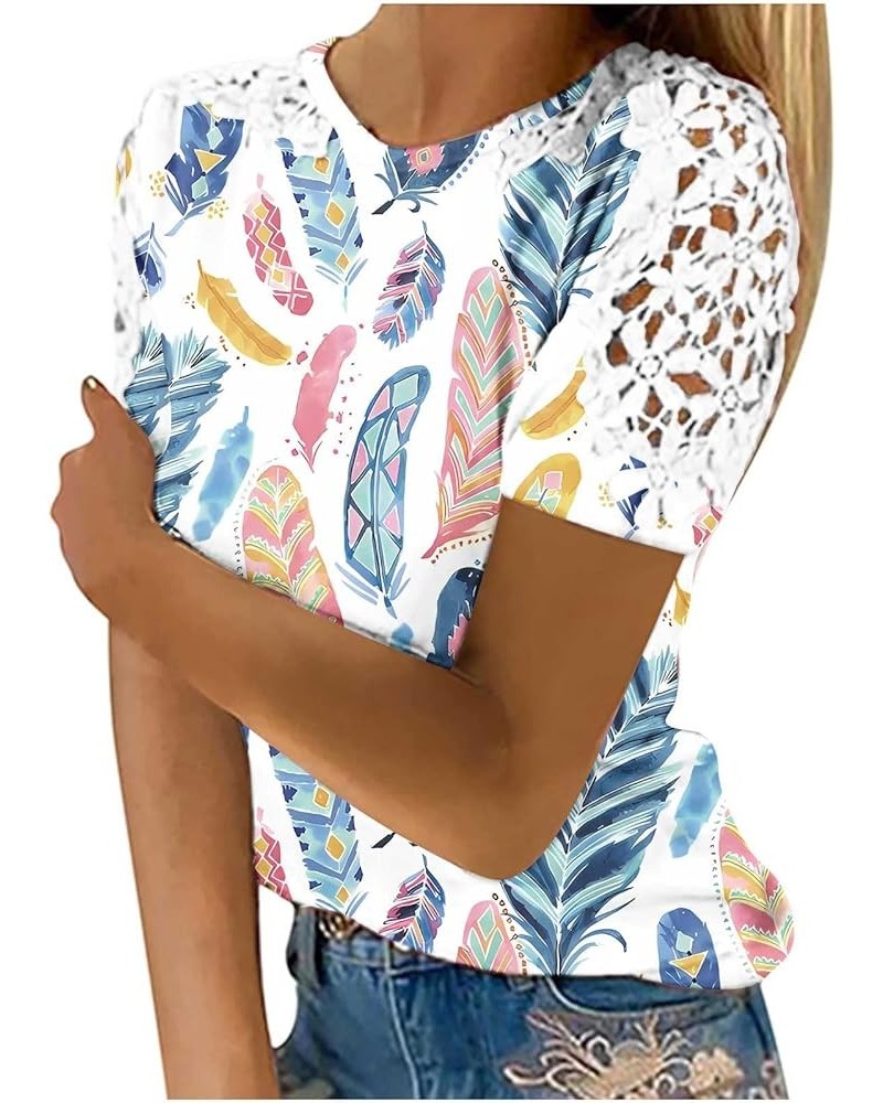 2023 Womens Summer Tops Plus Size Crewneck Floral Tshirts Trendy Lace Short Sleeve Basic Tees Dressy Casual Blouses F Blue $7...