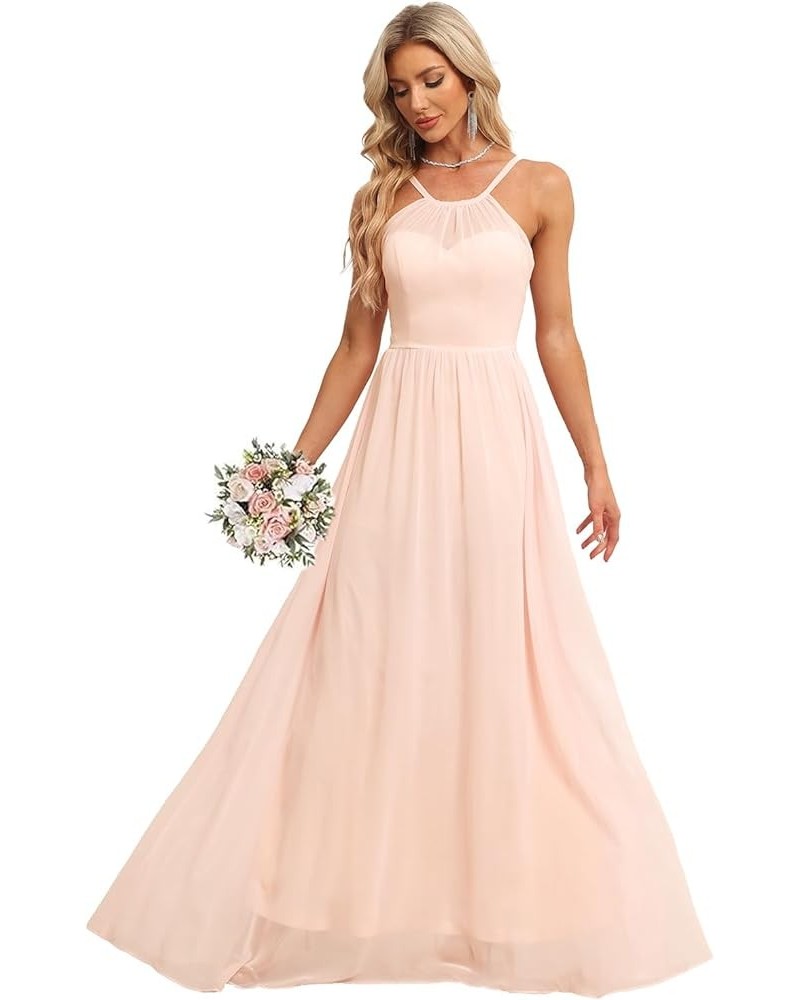 Chiffon Halter Bridesmaid Dresses for Wedding 2024 Long A Line Formal Evening Prom Party Gown Peach $25.25 Dresses