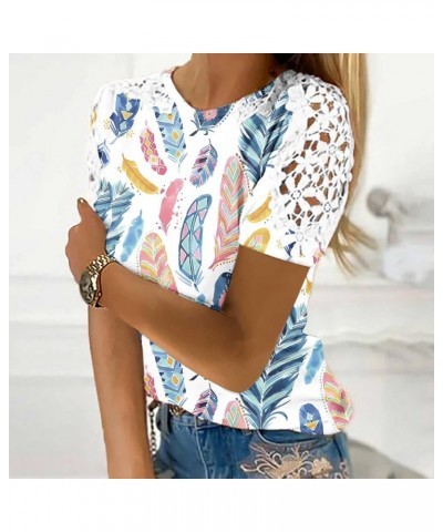 2023 Womens Summer Tops Plus Size Crewneck Floral Tshirts Trendy Lace Short Sleeve Basic Tees Dressy Casual Blouses F Blue $7...