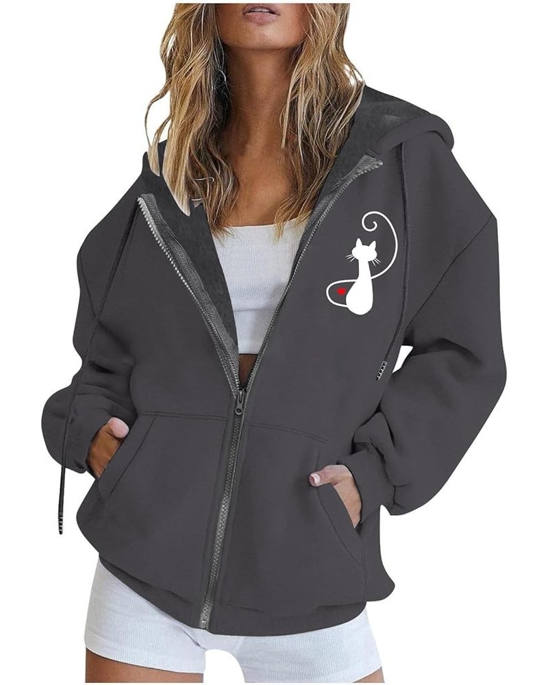 Fall Jacket For Women Trendy Oversized Sweatshirts Teen Girls Trendy y2k Clothes Printed Full Zip Up Hoodies Cat-dark Gray $1...