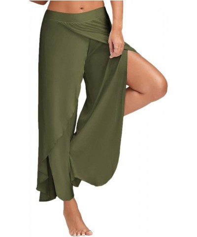 Women Flowy Split Wide Leg Pants, High Waisted Wrap Yoga Pants Casual Summer Boho Beach Trousers Plain Palazzo Pants Army Gre...