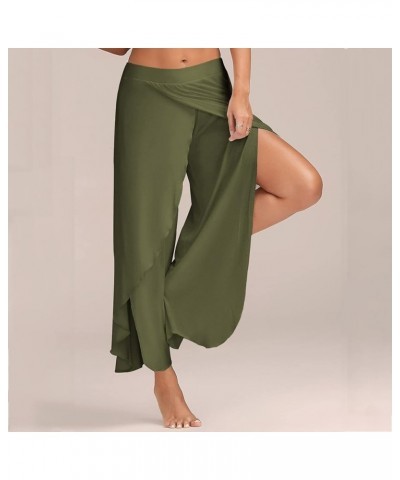 Women Flowy Split Wide Leg Pants, High Waisted Wrap Yoga Pants Casual Summer Boho Beach Trousers Plain Palazzo Pants Army Gre...