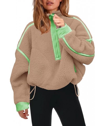 Womens Half Zip Sherpa Fleece Pullover Soft Oversized Sweatshirt with Pockets Warm Fuzzy Sweater Light Khaki $22.50 Others