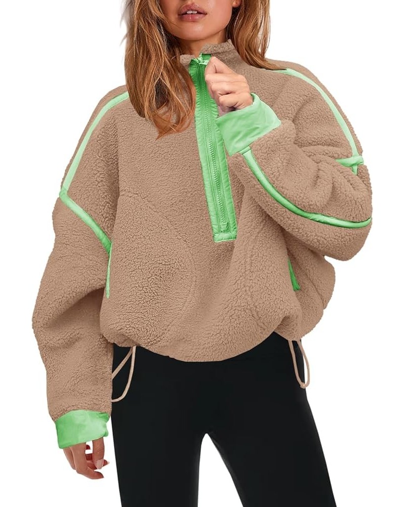 Womens Half Zip Sherpa Fleece Pullover Soft Oversized Sweatshirt with Pockets Warm Fuzzy Sweater Light Khaki $22.50 Others