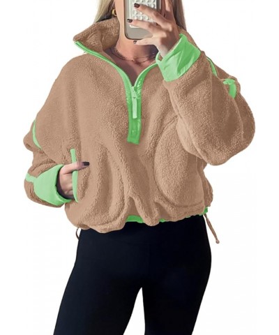 Womens Half Zip Sherpa Fleece Pullover Soft Oversized Sweatshirt with Pockets Warm Fuzzy Sweater Light Khaki $22.50 Others