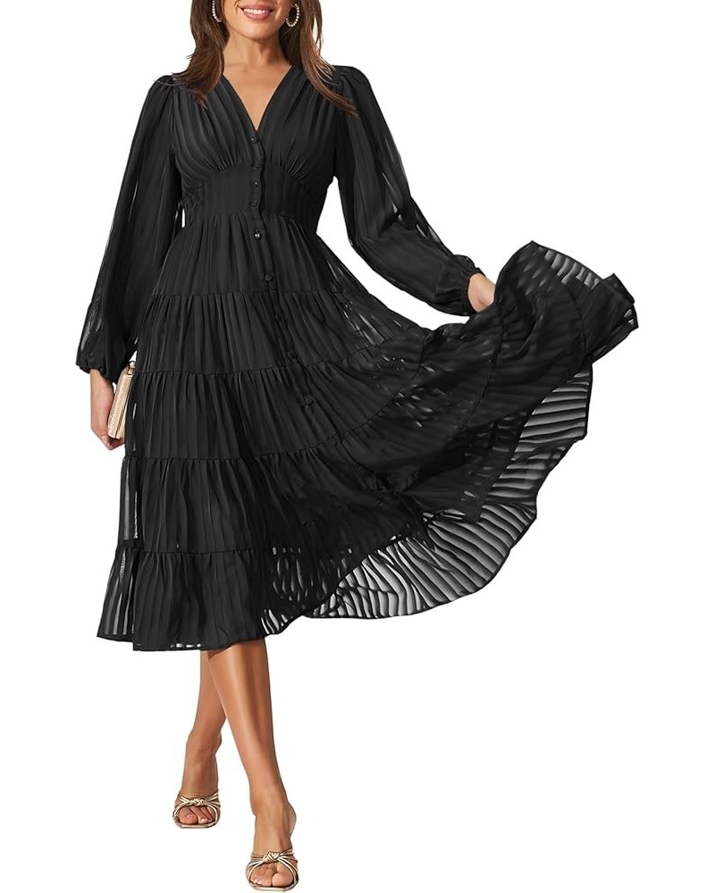 Women's 2023 Elegant Long Sleeve High Waist Button Down Ruffle Tiered Flowy Cocktail Party Midi Dress Black $23.52 Dresses