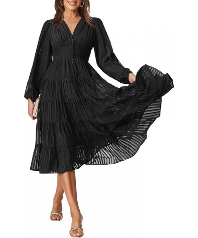 Women's 2023 Elegant Long Sleeve High Waist Button Down Ruffle Tiered Flowy Cocktail Party Midi Dress Black $23.52 Dresses