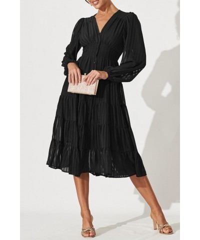 Women's 2023 Elegant Long Sleeve High Waist Button Down Ruffle Tiered Flowy Cocktail Party Midi Dress Black $23.52 Dresses