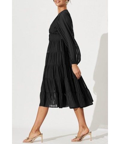 Women's 2023 Elegant Long Sleeve High Waist Button Down Ruffle Tiered Flowy Cocktail Party Midi Dress Black $23.52 Dresses