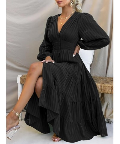 Women's 2023 Elegant Long Sleeve High Waist Button Down Ruffle Tiered Flowy Cocktail Party Midi Dress Black $23.52 Dresses