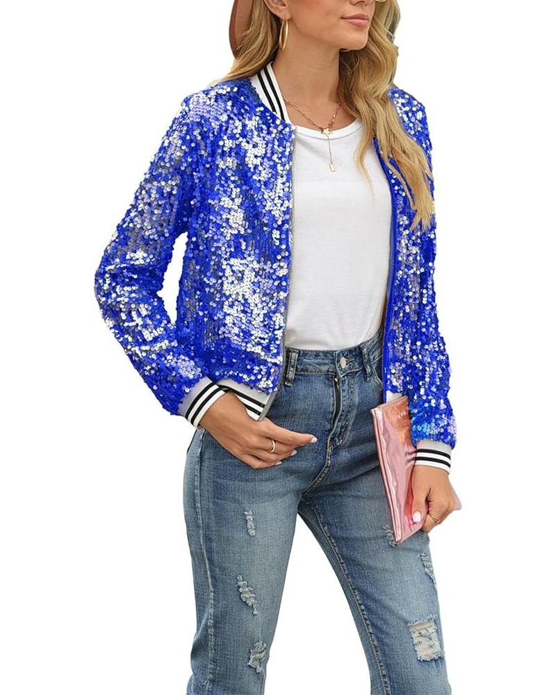 Womens Sparkle Baseball Bomber Jacket Sequin Shimmer Jacket Coat Long Sleeve Glitter Shiny Baseball Jacket Outerwear Blue $22...