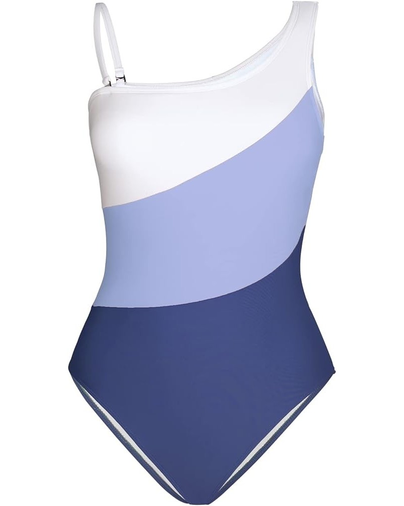 Women Color Contrast One Piece Swimsuit One Shoulder Cut Out Back Tummy Control Bathing Suit Purple $18.80 Swimsuits