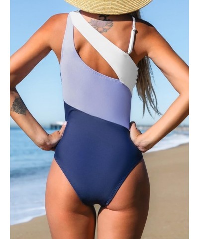 Women Color Contrast One Piece Swimsuit One Shoulder Cut Out Back Tummy Control Bathing Suit Purple $18.80 Swimsuits