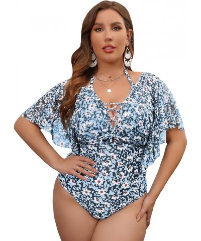 Women's Plus Size Bathing Suit Floral Lace Up Ruffle Sleeve Halter One Piece Swimsuit Dusty Blue $18.90 Swimsuits