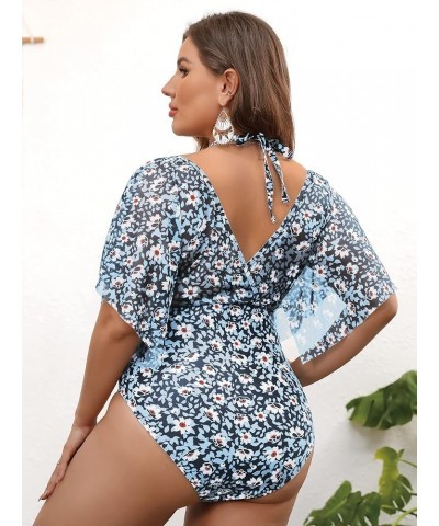 Women's Plus Size Bathing Suit Floral Lace Up Ruffle Sleeve Halter One Piece Swimsuit Dusty Blue $18.90 Swimsuits