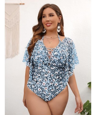 Women's Plus Size Bathing Suit Floral Lace Up Ruffle Sleeve Halter One Piece Swimsuit Dusty Blue $18.90 Swimsuits