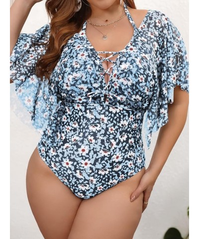 Women's Plus Size Bathing Suit Floral Lace Up Ruffle Sleeve Halter One Piece Swimsuit Dusty Blue $18.90 Swimsuits