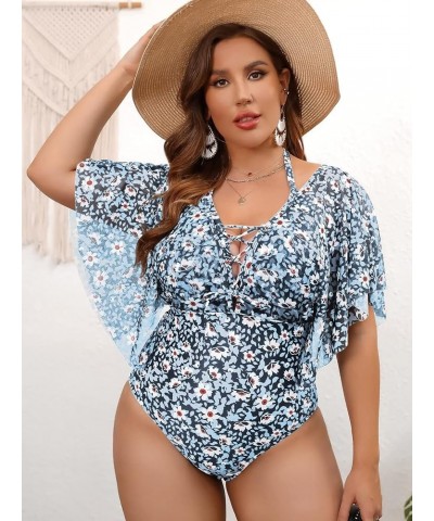 Women's Plus Size Bathing Suit Floral Lace Up Ruffle Sleeve Halter One Piece Swimsuit Dusty Blue $18.90 Swimsuits