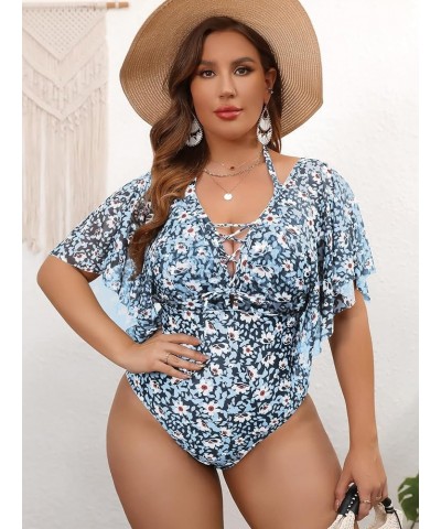 Women's Plus Size Bathing Suit Floral Lace Up Ruffle Sleeve Halter One Piece Swimsuit Dusty Blue $18.90 Swimsuits