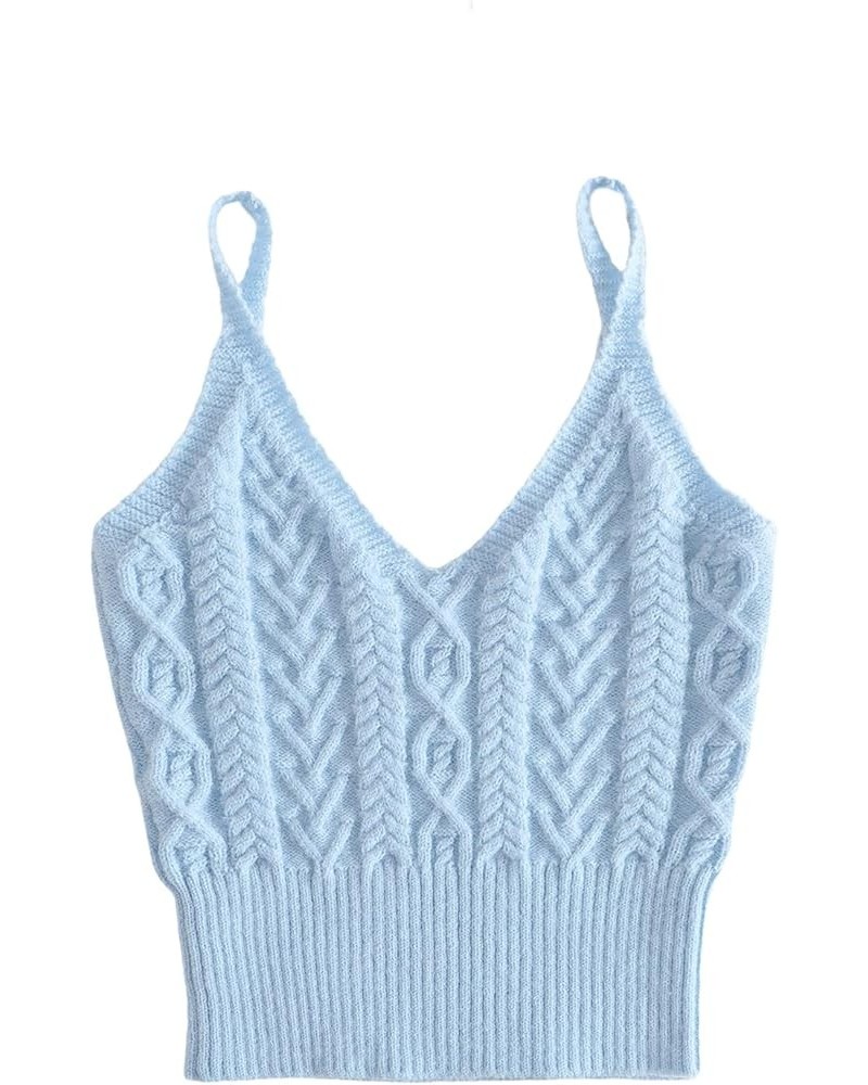 Women's Spaghetti Strap V Neck Knitted Tank Top Cable Knit Sleeveless Crop Camisole Top Light Blue $7.79 Tanks