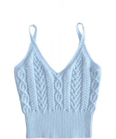 Women's Spaghetti Strap V Neck Knitted Tank Top Cable Knit Sleeveless Crop Camisole Top Light Blue $7.79 Tanks