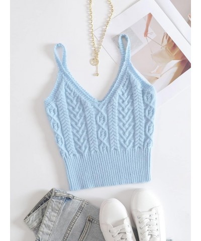 Women's Spaghetti Strap V Neck Knitted Tank Top Cable Knit Sleeveless Crop Camisole Top Light Blue $7.79 Tanks