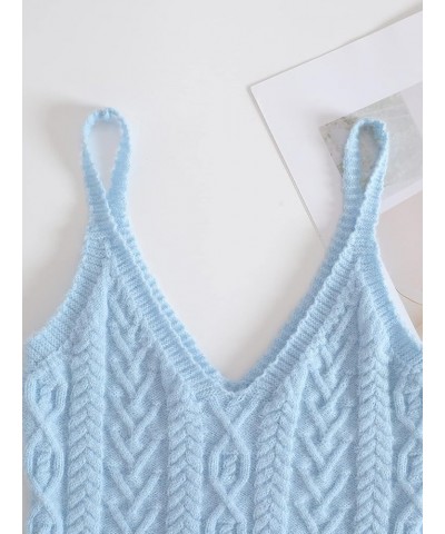 Women's Spaghetti Strap V Neck Knitted Tank Top Cable Knit Sleeveless Crop Camisole Top Light Blue $7.79 Tanks