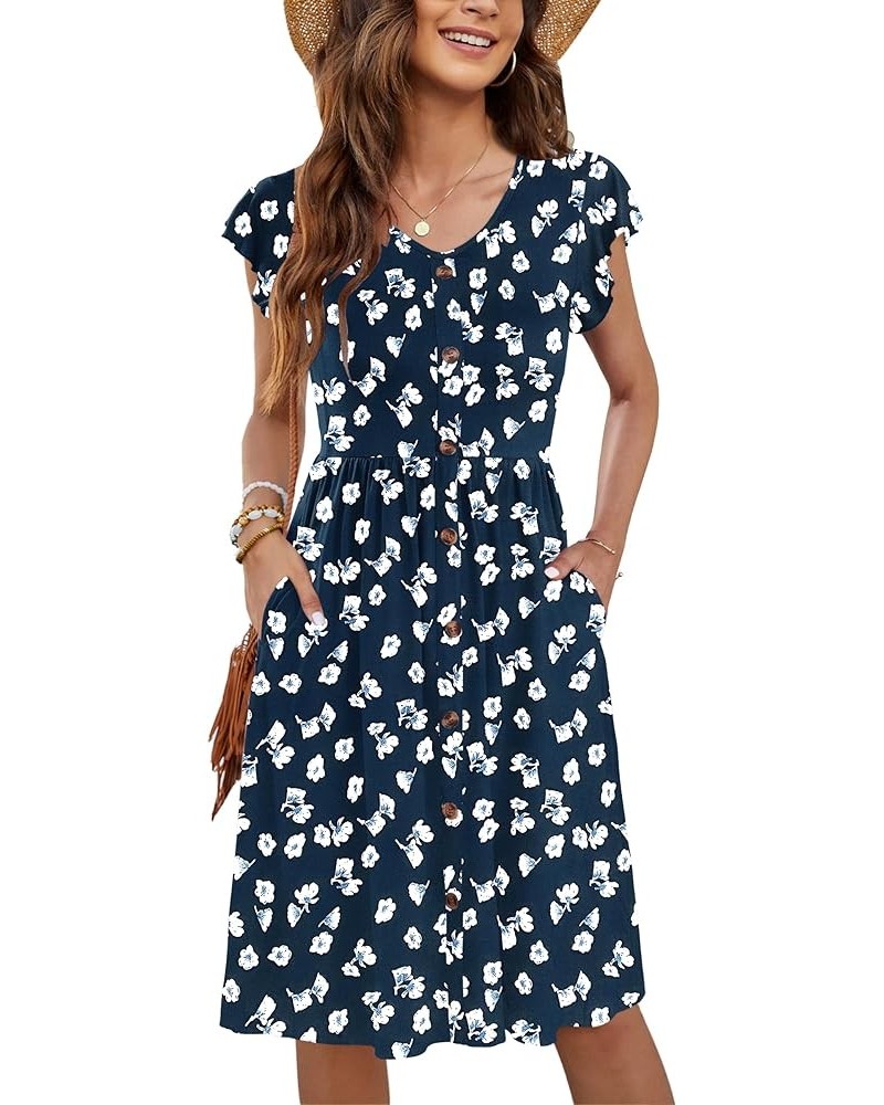 Women Summer Dresses Ruffle Sleeve Casual Loose Swing Button Down Elastic Waist Midi Dress Floral Navy $18.75 Dresses