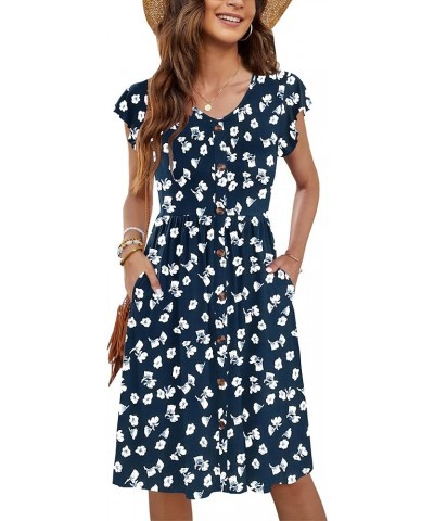 Women Summer Dresses Ruffle Sleeve Casual Loose Swing Button Down Elastic Waist Midi Dress Floral Navy $18.75 Dresses