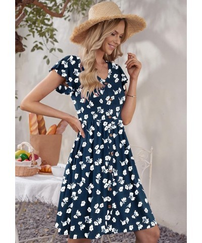 Women Summer Dresses Ruffle Sleeve Casual Loose Swing Button Down Elastic Waist Midi Dress Floral Navy $18.75 Dresses