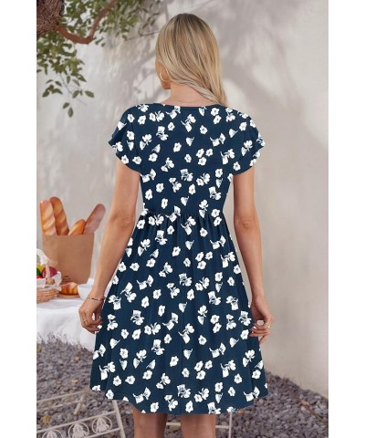 Women Summer Dresses Ruffle Sleeve Casual Loose Swing Button Down Elastic Waist Midi Dress Floral Navy $18.75 Dresses