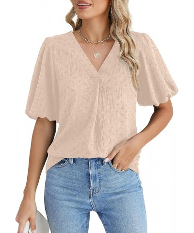 Women Dressy Casual Tops Business Work Blouses Summer Shirts Swiss Pot Puff Sleeve V Neck Outfits 2024 Apricot $12.25 Blouses