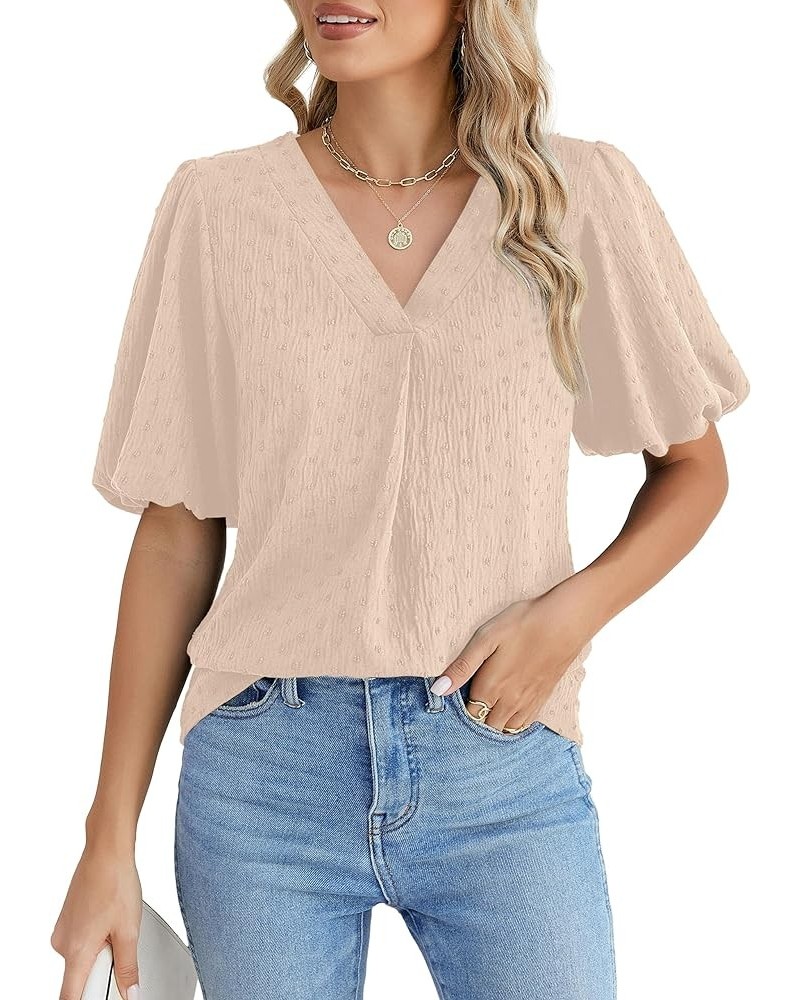 Women Dressy Casual Tops Business Work Blouses Summer Shirts Swiss Pot Puff Sleeve V Neck Outfits 2024 Apricot $12.25 Blouses