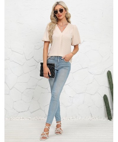 Women Dressy Casual Tops Business Work Blouses Summer Shirts Swiss Pot Puff Sleeve V Neck Outfits 2024 Apricot $12.25 Blouses