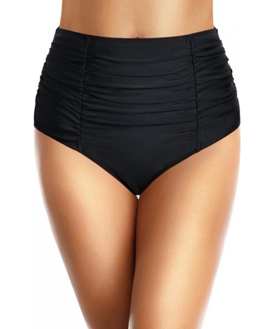 Women High Waisted Bikini Bottom Tummy Control Swim Bottom Vintage Ruched Swimsuit Bottom Black $12.71 Swimsuits