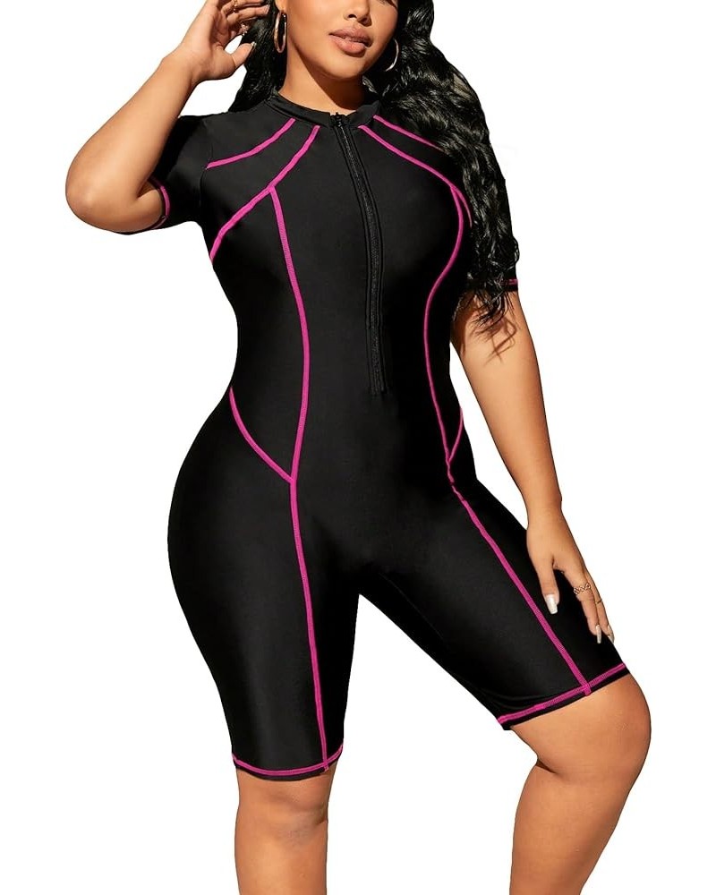 Women's Plus Size One Piece Swimsuit Short Sleeve Zipper Front Shorts Bathing Suit Striped Black $25.51 Swimsuits