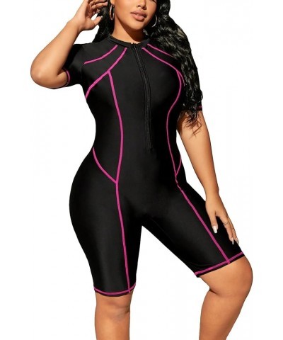 Women's Plus Size One Piece Swimsuit Short Sleeve Zipper Front Shorts Bathing Suit Striped Black $25.51 Swimsuits