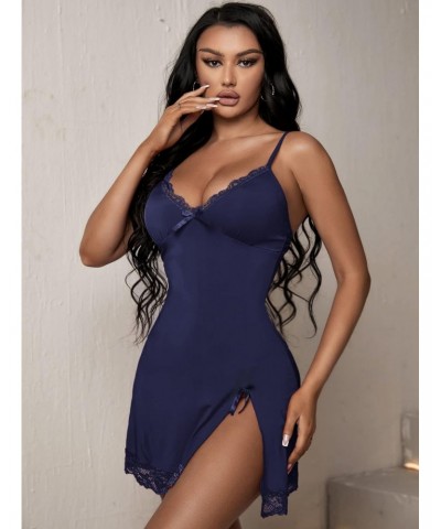 Women's Nightgowns Lace Trim Bow Front Split Hem Spaghetti Strap Slip Cami Dress Sleepwear Navy Blue M $14.51 Sleep & Lounge