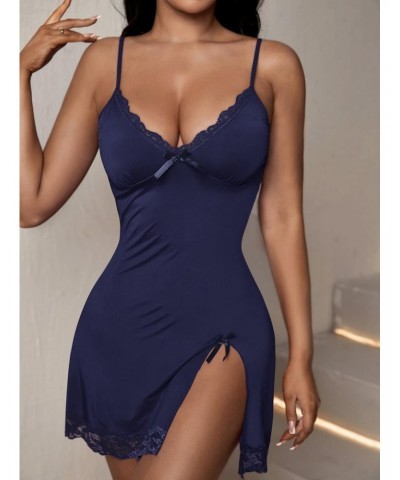 Women's Nightgowns Lace Trim Bow Front Split Hem Spaghetti Strap Slip Cami Dress Sleepwear Navy Blue M $14.51 Sleep & Lounge