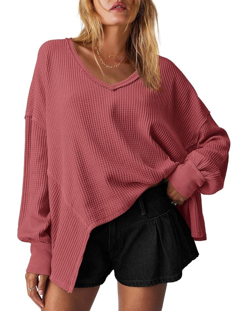 Womens Waffle Knit Long Sleeve Shirts Oversized V Neck Thermal Tunic Tops Workout Batwing Sweater Blouses Raspberry $14.07 Un...