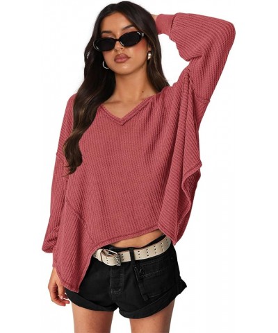 Womens Waffle Knit Long Sleeve Shirts Oversized V Neck Thermal Tunic Tops Workout Batwing Sweater Blouses Raspberry $14.07 Un...