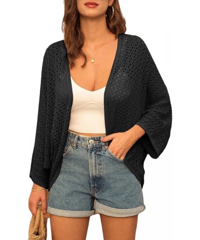 Open Front 3/4 Sleeve Batwing Cardigan for Women Lightweight Crochet Summer Cardigan Hollow-out Cover Ups Black $16.70 Sweaters