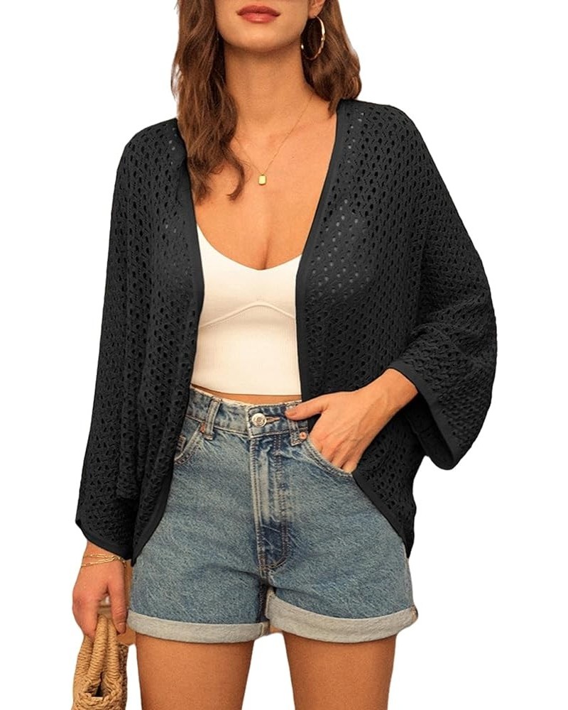 Open Front 3/4 Sleeve Batwing Cardigan for Women Lightweight Crochet Summer Cardigan Hollow-out Cover Ups Black $16.70 Sweaters