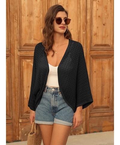 Open Front 3/4 Sleeve Batwing Cardigan for Women Lightweight Crochet Summer Cardigan Hollow-out Cover Ups Black $16.70 Sweaters