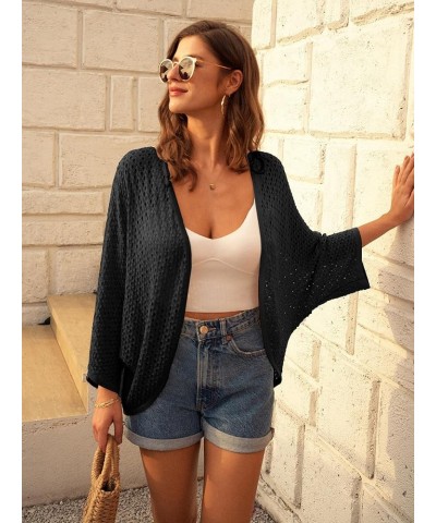 Open Front 3/4 Sleeve Batwing Cardigan for Women Lightweight Crochet Summer Cardigan Hollow-out Cover Ups Black $16.70 Sweaters