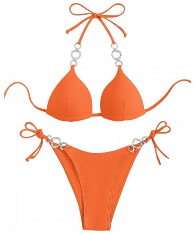 Women's Rhinestone Push Up Halter Bikini Set Swimsuit Two Piece Tie Side Bathing Suit Burnt Orange $18.69 Swimsuits