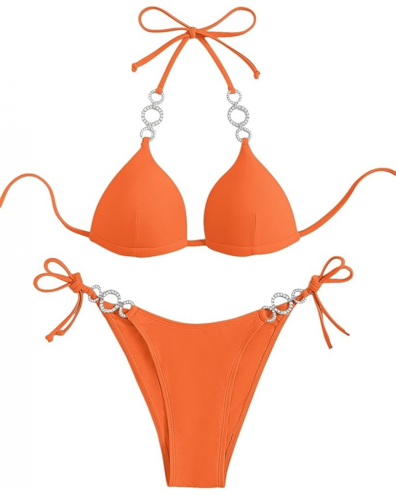 Women's Rhinestone Push Up Halter Bikini Set Swimsuit Two Piece Tie Side Bathing Suit Burnt Orange $18.69 Swimsuits